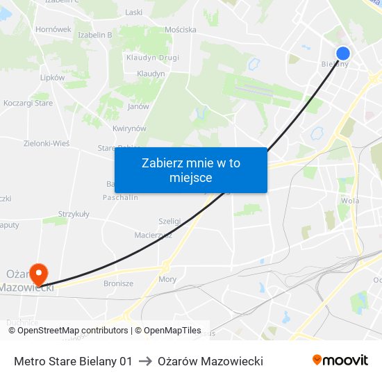 Metro Stare Bielany 01 to Ożarów Mazowiecki map