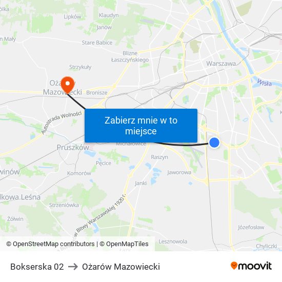 Bokserska 02 to Ożarów Mazowiecki map