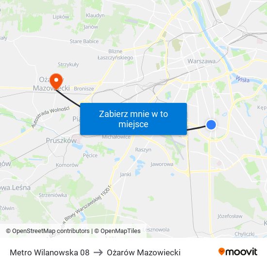 Metro Wilanowska 08 to Ożarów Mazowiecki map