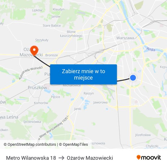 Metro Wilanowska 18 to Ożarów Mazowiecki map