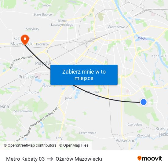 Metro Kabaty 03 to Ożarów Mazowiecki map