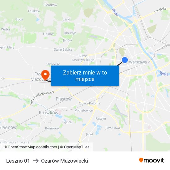 Leszno 01 to Ożarów Mazowiecki map