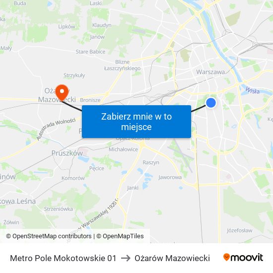 Metro Pole Mokotowskie 01 to Ożarów Mazowiecki map