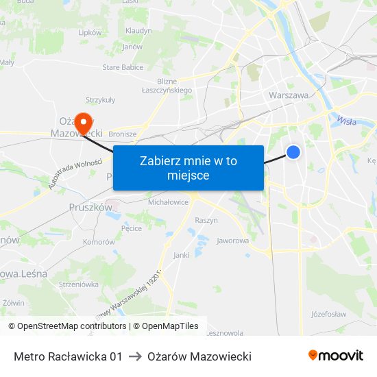 Metro Racławicka to Ożarów Mazowiecki map