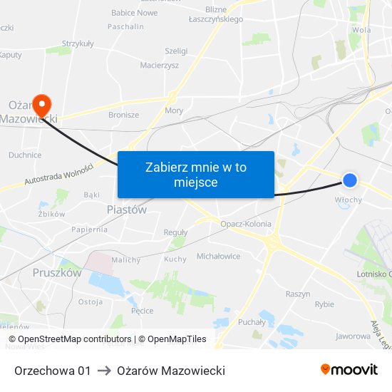 Orzechowa 01 to Ożarów Mazowiecki map