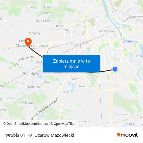 Wróbla 01 to Ożarów Mazowiecki map