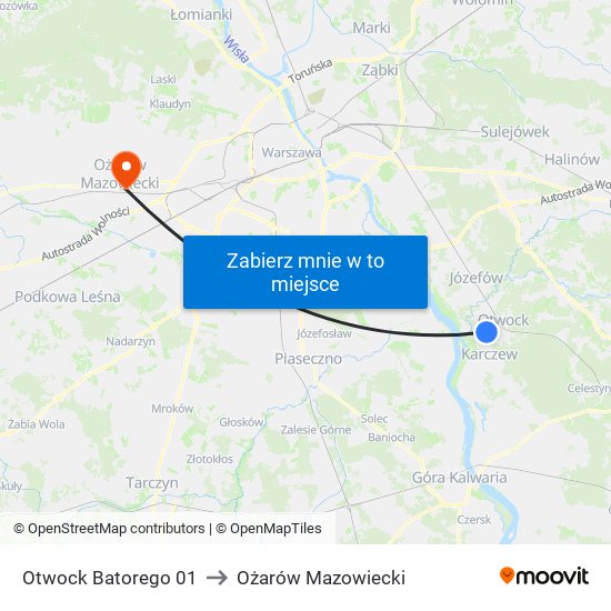 Otwock Batorego 01 to Ożarów Mazowiecki map