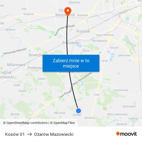 Kosów 01 to Ożarów Mazowiecki map