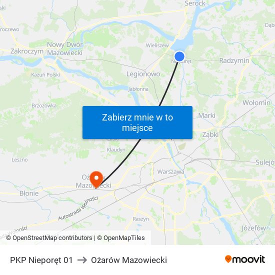 PKP Nieporęt 01 to Ożarów Mazowiecki map