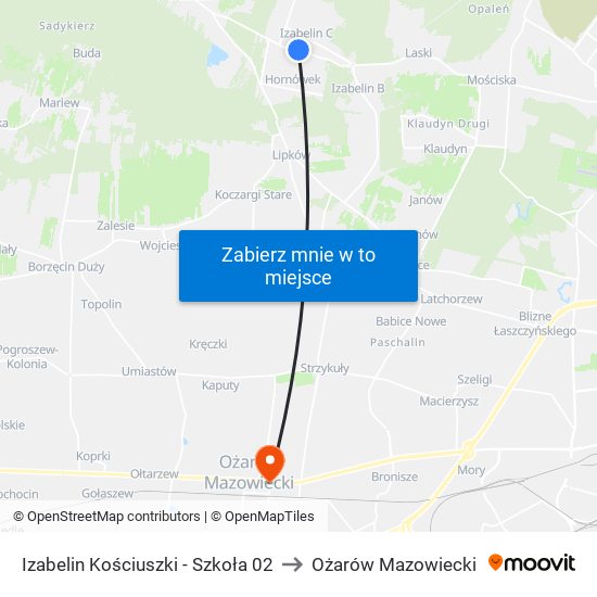 Izabelin Kościuszki - Szkoła 02 to Ożarów Mazowiecki map