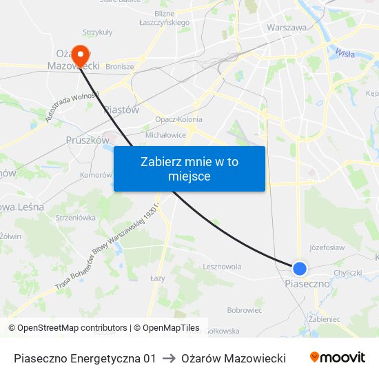 Piaseczno Energetyczna 01 to Ożarów Mazowiecki map