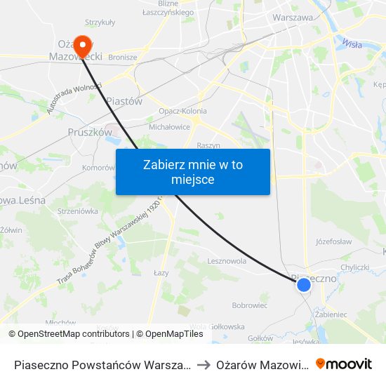 Piaseczno Powstańców Warszawy 02 to Ożarów Mazowiecki map