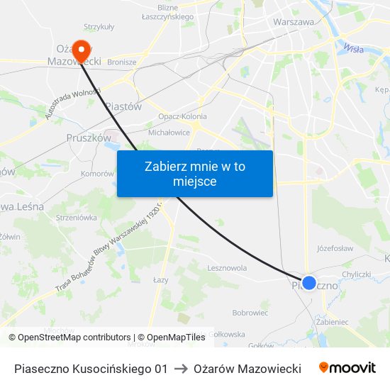 Piaseczno Kusocińskiego 01 to Ożarów Mazowiecki map