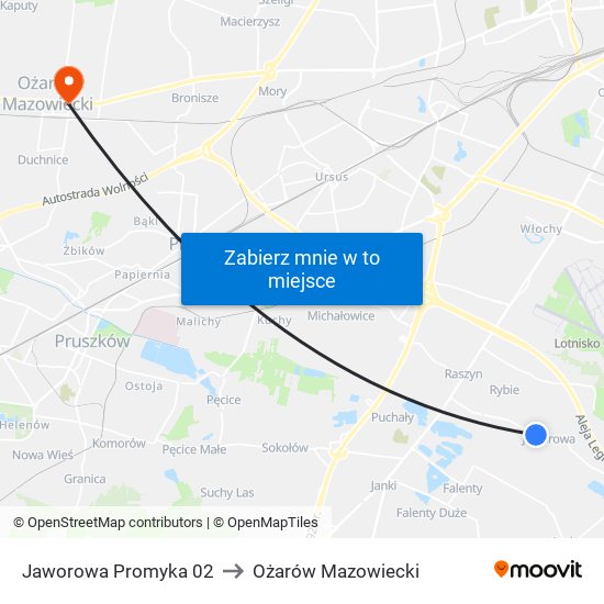 Jaworowa Promyka 02 to Ożarów Mazowiecki map