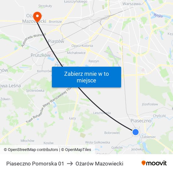 Piaseczno Pomorska 01 to Ożarów Mazowiecki map