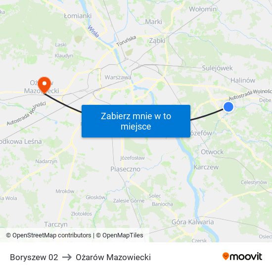 Boryszew 02 to Ożarów Mazowiecki map