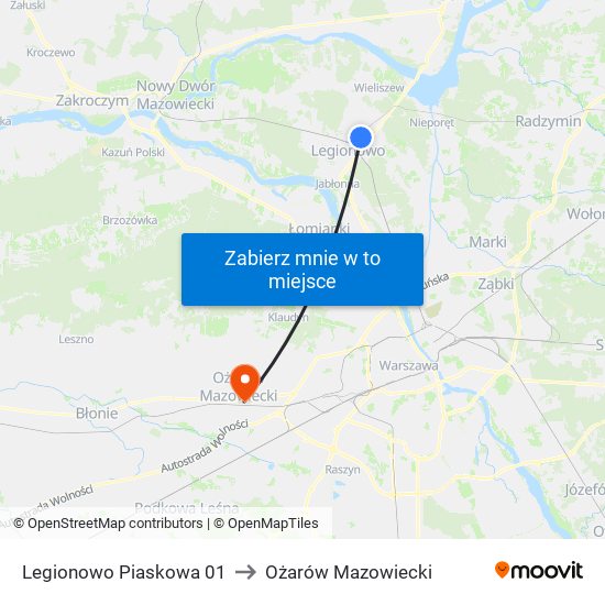 Legionowo Piaskowa 01 to Ożarów Mazowiecki map