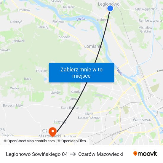 Legionowo Sowińskiego to Ożarów Mazowiecki map