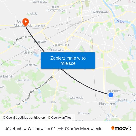 Józefosław Wilanowska 01 to Ożarów Mazowiecki map