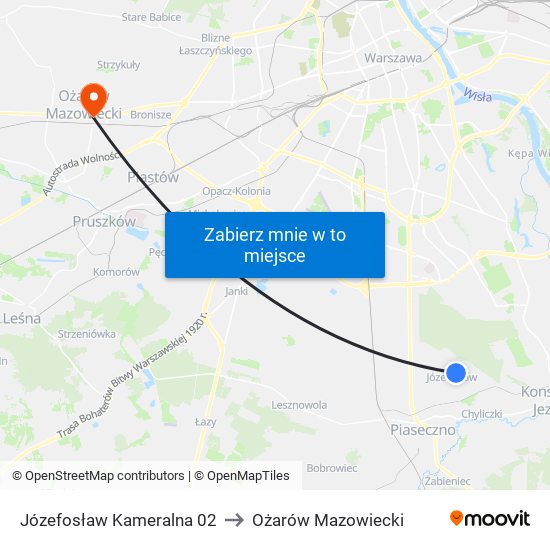 Józefosław Kameralna 02 to Ożarów Mazowiecki map