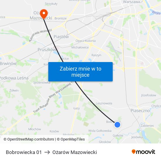 Bobrowiecka 01 to Ożarów Mazowiecki map