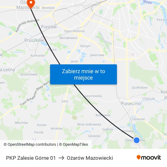 PKP Zalesie Górne 01 to Ożarów Mazowiecki map