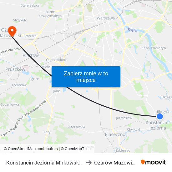 Konstancin-Jeziorna Mirkowska 01 to Ożarów Mazowiecki map