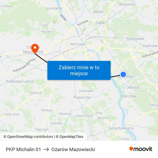 PKP Michalin 01 to Ożarów Mazowiecki map