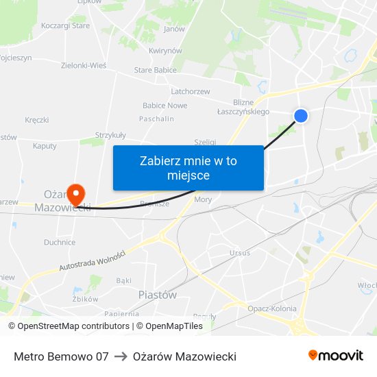 Metro Bemowo 07 to Ożarów Mazowiecki map