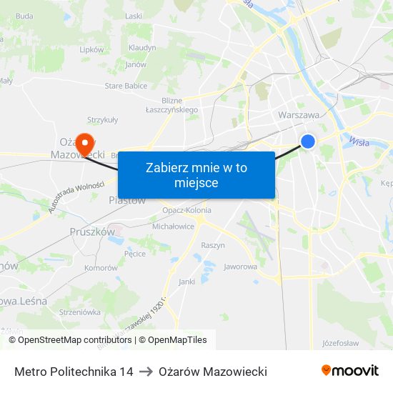 Metro Politechnika 14 to Ożarów Mazowiecki map