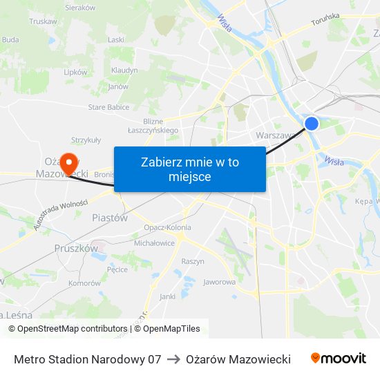 Metro Stadion Narodowy 07 to Ożarów Mazowiecki map