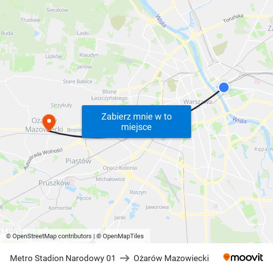 Metro Stadion Narodowy to Ożarów Mazowiecki map