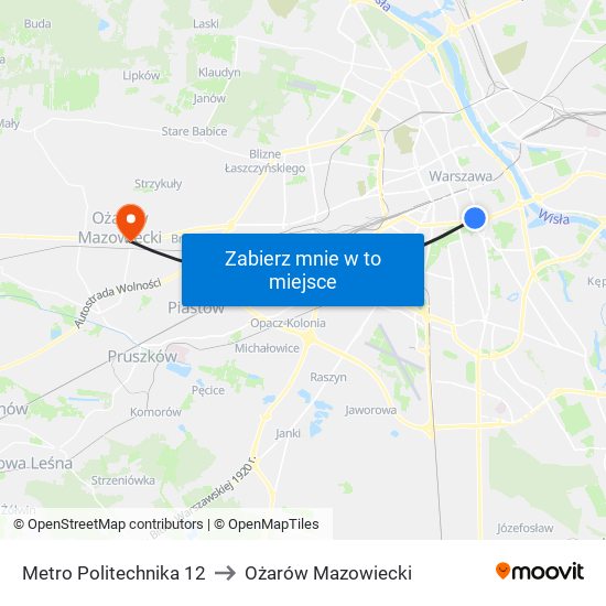 Metro Politechnika 12 to Ożarów Mazowiecki map