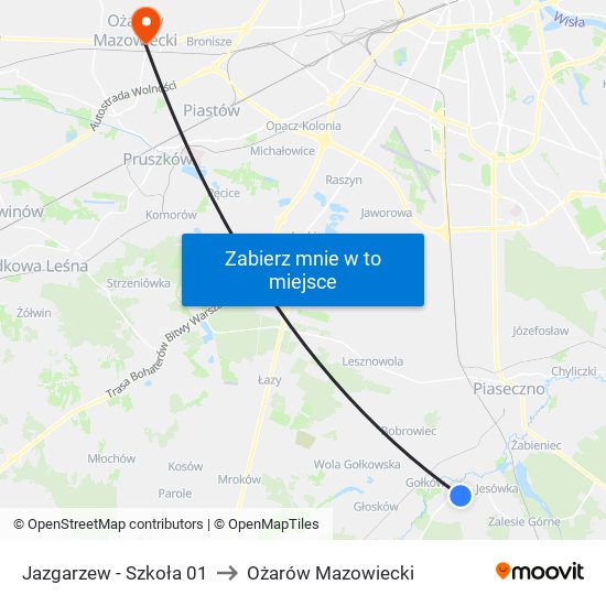 Jazgarzew - Szkoła 01 to Ożarów Mazowiecki map