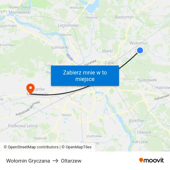 Wołomin Gryczana to Oltarzew map