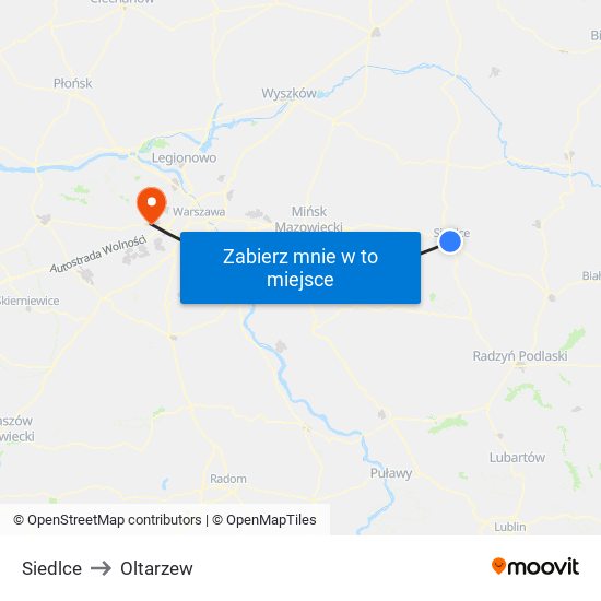 Siedlce to Oltarzew map