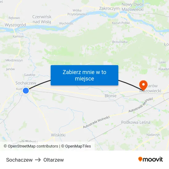 Sochaczew to Oltarzew map