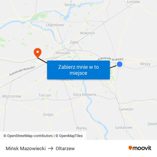 Mińsk Mazowiecki to Oltarzew map