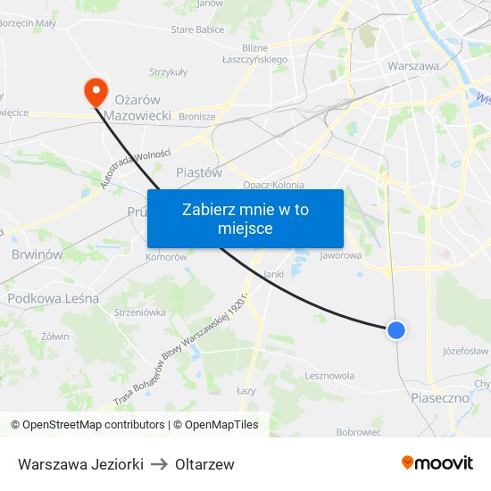 Warszawa Jeziorki to Oltarzew map