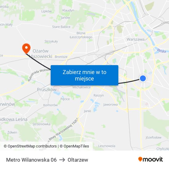 Metro Wilanowska to Oltarzew map