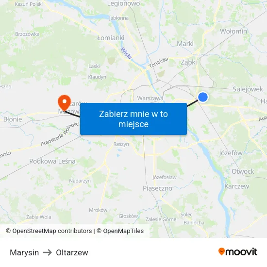 Marysin to Oltarzew map