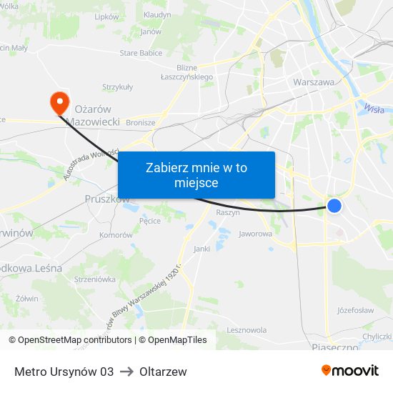 Metro Ursynów to Oltarzew map