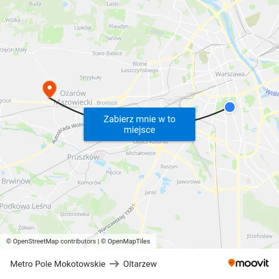 Metro Pole Mokotowskie to Oltarzew map