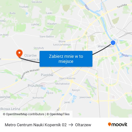 Metro Centrum Nauki Kopernik to Oltarzew map