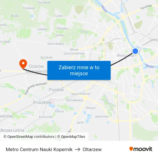 Metro Centrum Nauki Kopernik to Oltarzew map