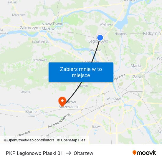 PKP Legionowo Piaski 01 to Oltarzew map