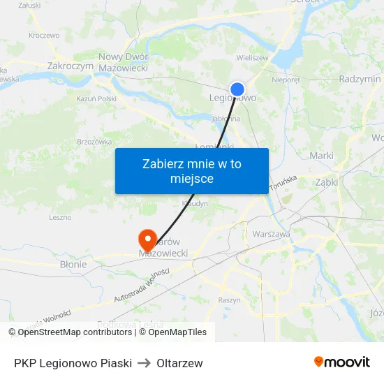 PKP Legionowo Piaski to Oltarzew map