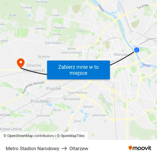 Metro Stadion Narodowy to Oltarzew map