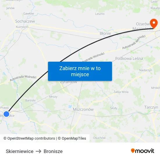 Skierniewice to Bronisze map