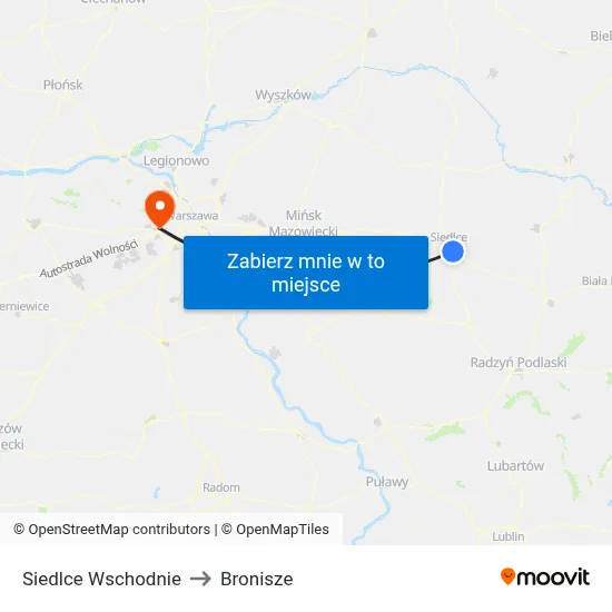 Siedlce Wschodnie to Bronisze map
